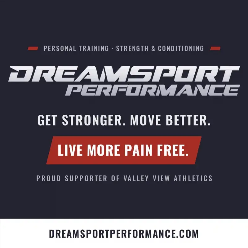 Valley View field sign: Dreamsport Performance, Get stronger. Move better. Live more pain free. Proud supporter of Valley View athletics.