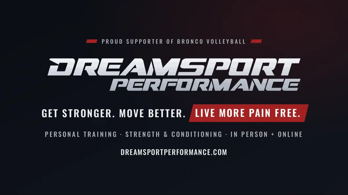 Denton High gym screen slide: proud supporter of Bronco volleyball