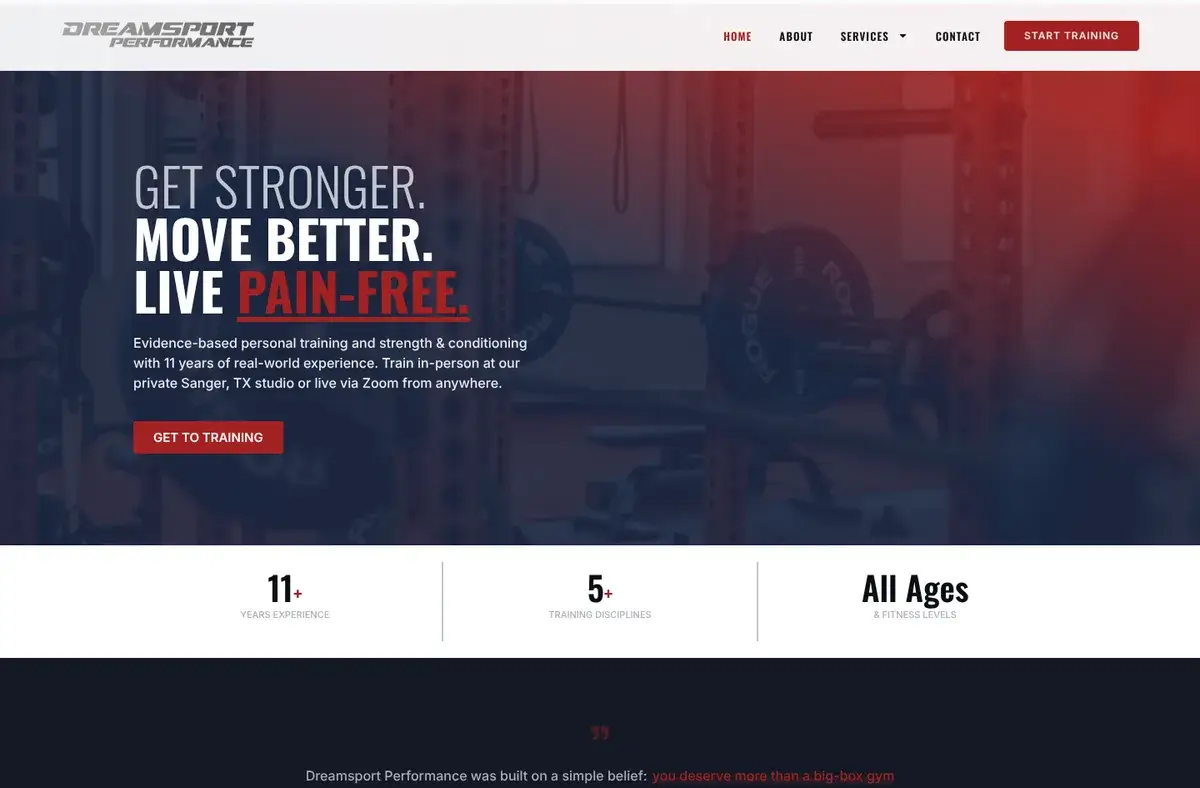 Dreamsport Performance homepage on desktop: Get stronger. Move better. Live pain-free.