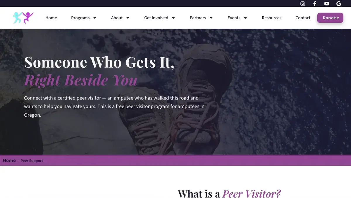 Power On With Limb Loss peer support page on desktop: Someone who gets it, right beside you