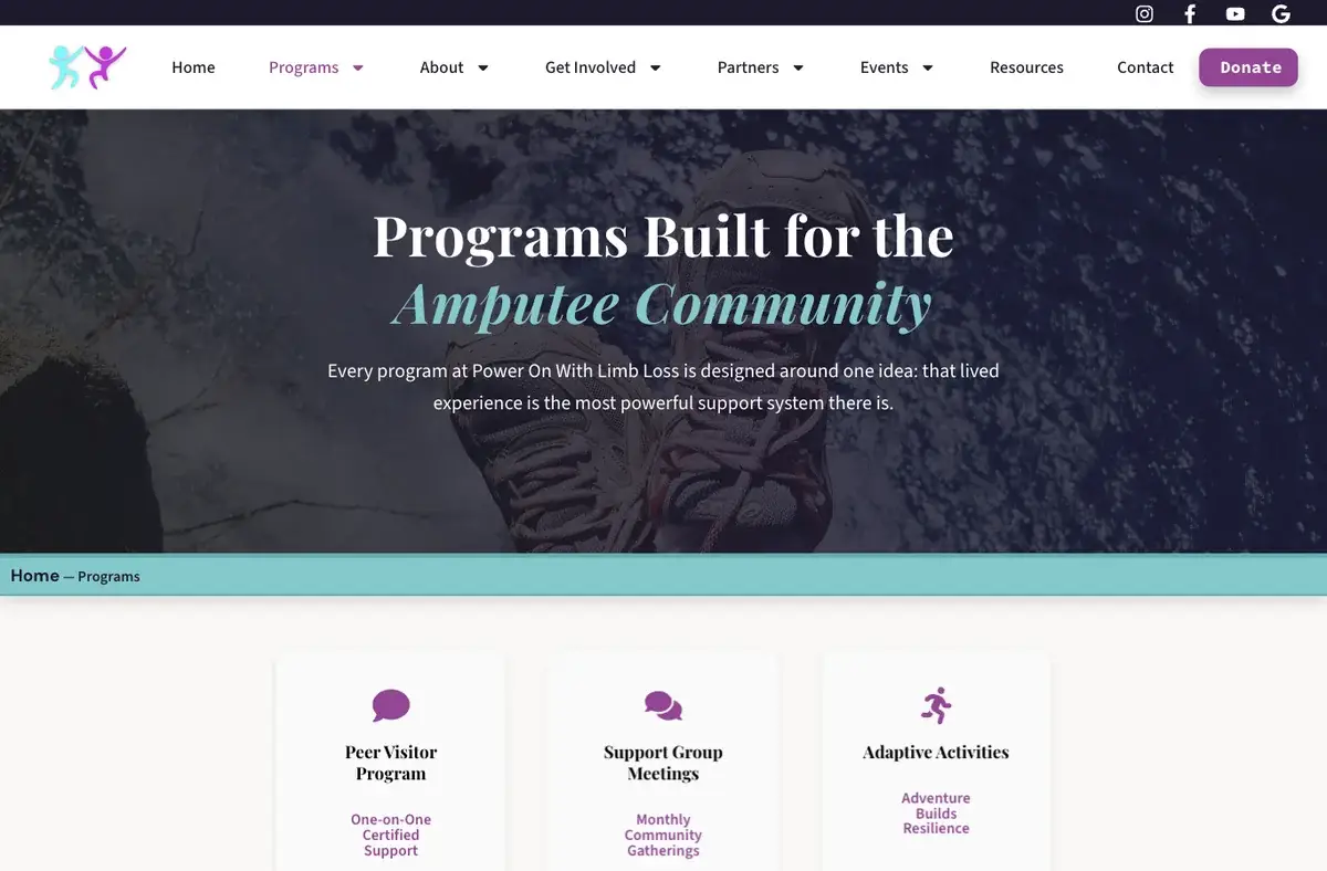 Power On&rsquo;s programs page on desktop: Programs built for the amputee community, with peer visitor, support group, and adaptive activities entries